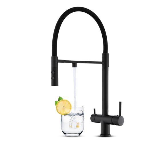 KEOKBON 3 Way Tap with Magnetic 2 Functions 360° Swivel Extendable Spout, 3 in 1 Kitchen Sink Mixer Tap for Water Filter, Triflow Kitchen Tap Drinking Water tap with 2 Handles, Black