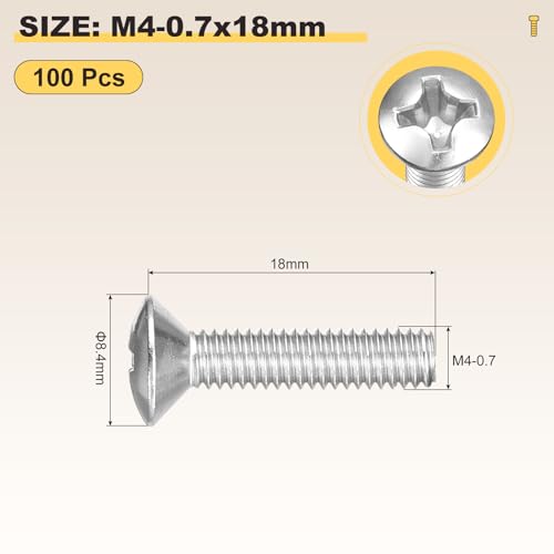 Image of METALLIXITY Semi-Countersunk Oval Head Machine Screws (M4-0.7x18) 100Pcs, 304 Stainless Steel Phillips Cross Recessed Machine Screw Bolts - for Furniture Assembly DIY Projects, Silver