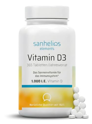 Sanhelios Sonnenvitamin D - 1000 I.E. Vitamin D3 - Unterstützt Knochen, Zähne, Muskeln und Immunsystem* - 365 Minitabletten Jahresvorrat - Nur Premium Zutaten - Hergestellt & geprüft in Deutschland