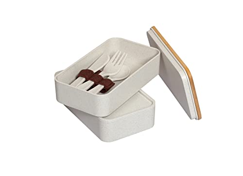 Bento Lunchbox mit 2 Fächern, BPA-frei, mit Deckel, Trennwand, Messer, Gabel und Löffel aus Kunststoff, nehmen Sie Ihr Essen überall hin mit, Lunchbox, Lunchbox mit Besteck (Weiß) Cover