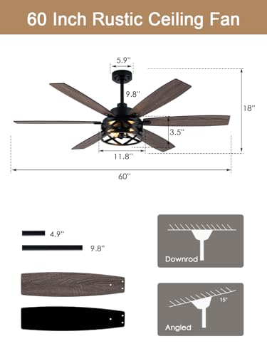 Image of 60 Inch Farmhouse Ceiling Fan with Lights Large Rustic Ceiling Fan Black Caged Fandelier Chandelier Light for Living Room Indoor Outdoor, Reversible DC Motor, 2 E26 Bulbs (Not Included)