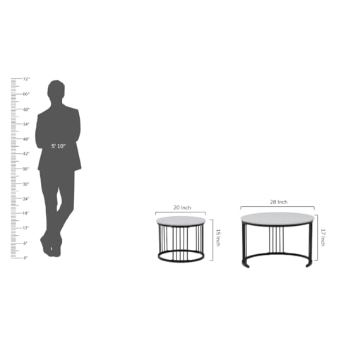 Image of Royaloak Genting Malaysian Round Sintered Top Coffee Table Set of 2 | Nesting Coffee Table for Living Room with Modern Nested Design, Glossy Surface, Powder-Coated Metal Frame & Vertical Bar Support