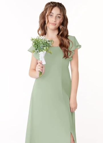 GATMAHE Flutter Sleeves Ruched Chiffon Junior Bridesmaid Dresses Square Neck A Line Flower Girl Dress with Slit4