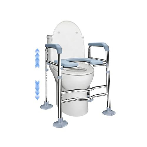 Rehausseur Toilette Adulte Hauteur Réglable 64-74 cm à 6 Niveaux, Siège de Toilette Surélevé Universel avec Accoudoirs Charge 150kg Rehausseur WC pour...