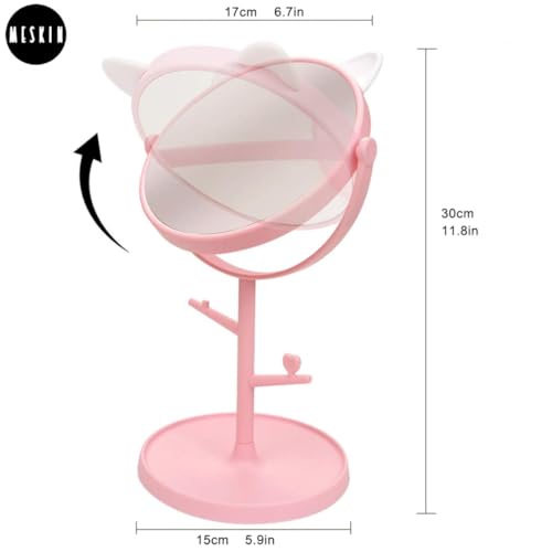 Image of MESKIN Cute Cat Ear Vanity Makeup Mirror with Storage Tray and Jewelry Holder Stand, 360 Desktop Swivel Dressing Table Mirror for Girls, Teens, Dorm Room, Bathroom Mirror (Pack of 1, Pink)