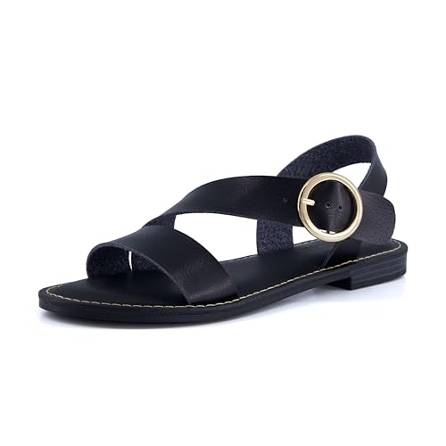 CUSHIONAIRE Lisbon Strappy Flat Sandals for Women 2025 with Adjustable Ankle Strap and Stylish Bold Buckle Accent Dressy Sandals