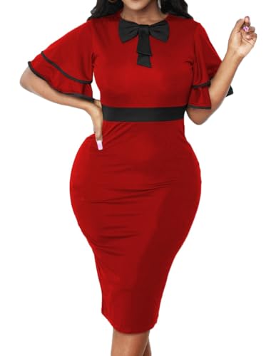 Image of Xinlees Women's Bodycon Pencil Dress Sexy Short Ruffles Sleeve Clubwear Basic Fitted Outfits Casual Midi Dresses
