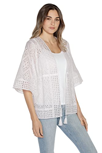 Cotton Eyelet And Embroidery Kimono Top With Waist Tie White #TOP4