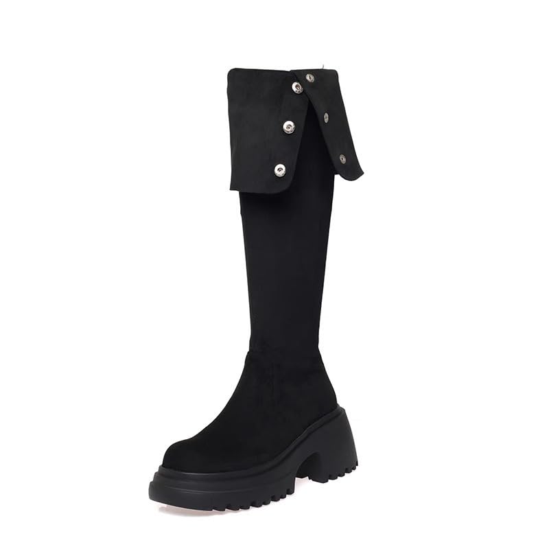 Fold Over Knee High For Women Boots Fashion Faux Leather Tall Boots Round Toe Side Zipper Tall Boots