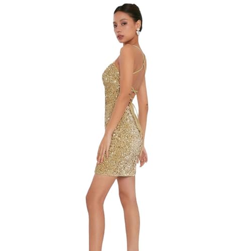 Suillty Women's Sparkly Sequin Backless Lace Up Mini Dress Glitter Spaghetti Straps Halter Bodycon Party Club Evening Dresses3