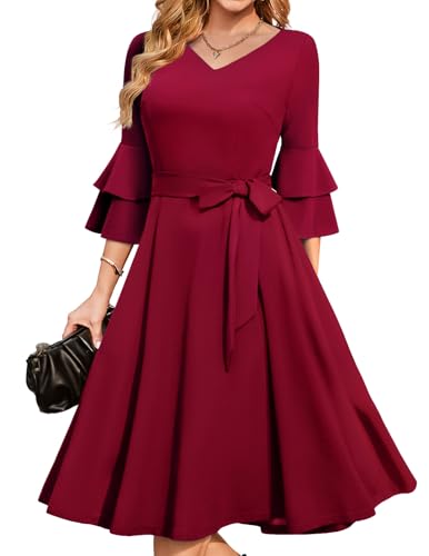 Image of DRESSTELLS Women's Cocktail Dress Summer Wedding Guest Party Vintage 3 /4 Bell Sleeve V Neck A-Line Dress