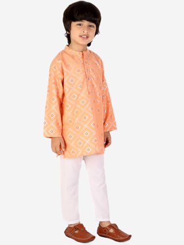 Image of superminis Boys Silver Foil Printed Kurta, Round Collar, Full Sleeves With White Pyjama Cotton Kurta Set