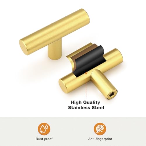 Image of Probrico 5 Pack Euro Style Gold Cabinet Knobs, Single Hole Stainless Steel Kitchen Cabinet Handles Round T Bar Dresser Drawer Cupboard Hardware, 2 Inch Total Length