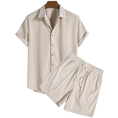 Men's Summer Pajamas Set Corduroy 2 Piece Outfits Casual Button Down Shirt Drawstring Shorts Soft Loungewear Sets2
