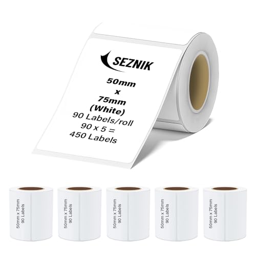 Image of Seznik Thermal Sticky Labels - 50x75 mm - White - Pack of 5 Rolls (50mmx75mm - 450 Lables)