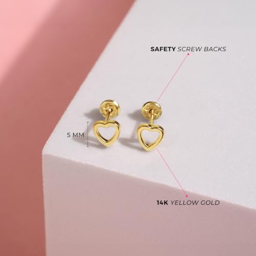 14k Yellow Gold Young Girls Tiny 5mm Open Heart Screw Back Earrings for Children - Simple * Classic Heart Earrings with Safety Screw Locking Backs - Little Heart Earrings for Toddlers4