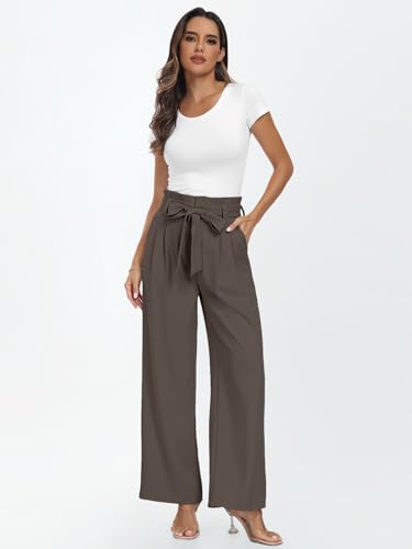 LILLUSORY Wide Leg Dress Work Pants Womens Petite Palazzo 2025 Flowy Trousers Slacks High Waisted Paperbag Business Casual Outfits Clothes Office Cute Teacher Straight Dressy Clothing Mocha Brown