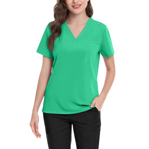 Image of FONMA Scrub Tops Women Plus Size Stretchy V-Neck Scrub Shirts with 4 Pockets Breathable Short Sleeve Nurse Uniforms