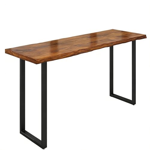 Mesa de bar rústica de madera maciza, mesa de comedor alta con diseño de borde vivo, estilo rectangular estrecho para cocina y comedor, acabado marrón
