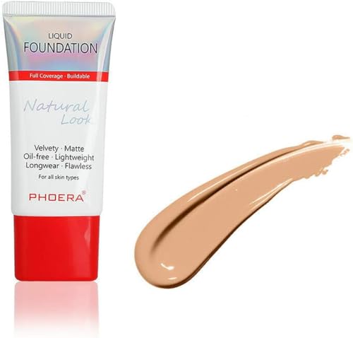 PHOERA Velvety Matte Foundation – Full Coverage Long Wear Liquid Foundation, Oil-Free Smooth Finish Makeup, Lightweight Buildable for All Skin Types (BUFF BEIGE)