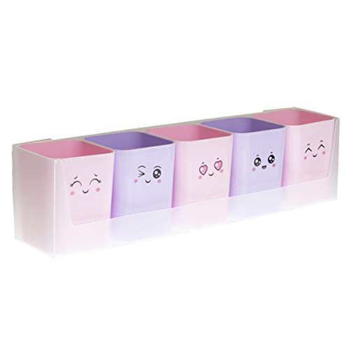 Kit Doçura com 5 Porta Objetos e Cartela de Adesivos com 12 Carinhas, Rosa e Lilás, Dello