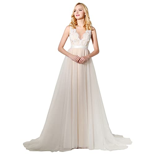 Image of Spaghetti Chiffon Beach Wedding Dress V Neck A line Bridal Gowns Lace Plus Size Wedding Dress