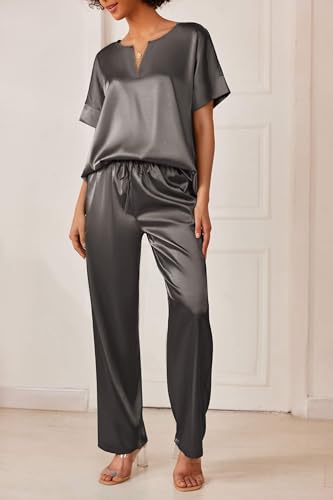 Image of Ekouaer Mens Satin Pajamas Set Button-Down Short /Long Sleeve Shirt Top Soft Silk Sleepwear Loose Pocket Pant Loungewear