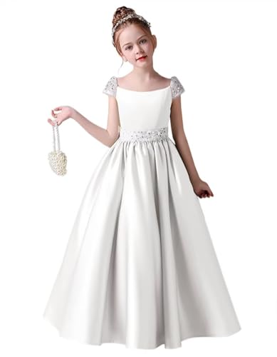 dideyttawl 2025 Girls White Sequins Belt Short Cap Sleeves Lace up Back Long Formal Satin Scoop Neck Dress