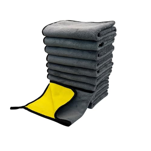 Deluxe Premium Microfiber Towels (Pack of 10) Ultra-Absorbent Soft Polishing Drying Cleaning Washable Durable Thick Professional Car Wax Cloth Household Cleaning 600GSM Dual-Sided Gray Yellow