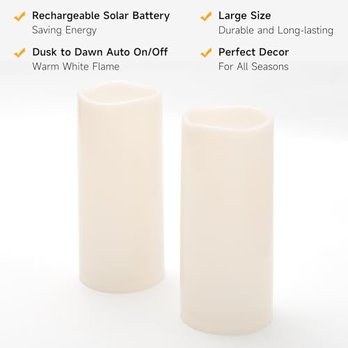 Image of NURADA Large Outdoor Solar Candles Waterproof - 12 inch x 5 inch Rechargeable Solar Powered Flameless LED Pillar Flickering Candle for Patio Porch Lanterns Decor - Ivory White