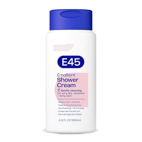 E45 Emollient Shower Cream for Very Dry, Sensitive and Itchy Skin, Cleanses, Moisturizes, and Soothes Skin, No Parabens or Sulfates, Fragrance-Free, Dermatologically Tested, 6.8 fl oz (200ml)