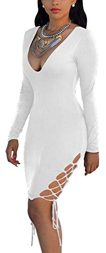 GOBLES Women's Sexy Long Sleeve V-Neck Side Split Laced Up Bodycon Mini Club Dress White