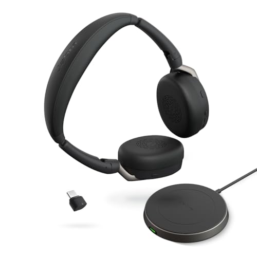 Jabra Evolve2 65 Flex Stereo Headset with Bluetooth, Wireless Charging Pad - Noise-Cancelling ClearVoice Technology & Hybrid Active Noise Cancellation - Certified for Microsoft Teams - Black