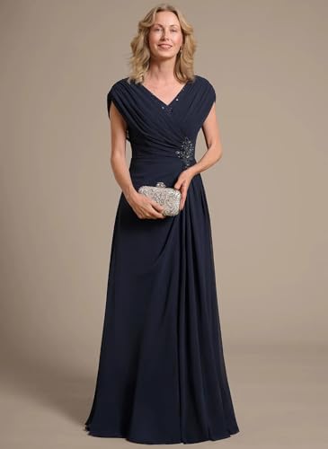 Women's Cap Sleeve Chiffon Mother of The Bride Dresses Long Pleated V Neck Evening Dress for Formal Gown3