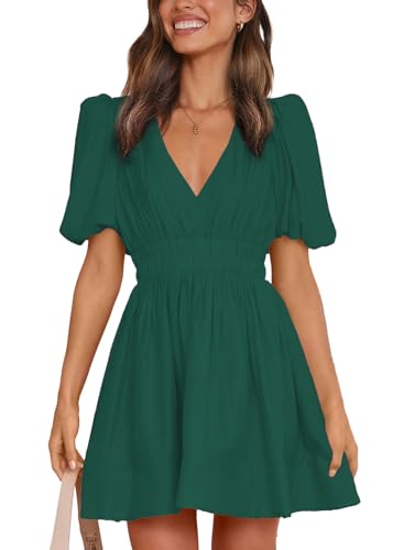 Image of Outfeel Women 2025 Summer Mini Dress Puff Short Sleeve Sexy V Neck A Line Elastic High Waist Flowy Swing Dresses