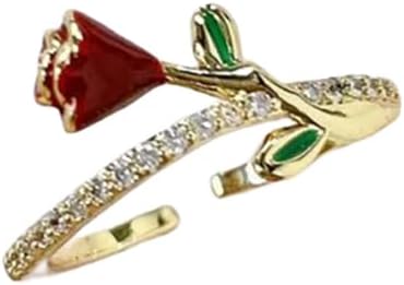 Dainty CZ Rose Flower Eternity Ring for Women Band Open Sweet Floral Green Leaves Wrap Exquisite Enamel Finger Rings Statement Engagement Wedding Stacking Promise Adjustable Valentine Jewelry Gifts