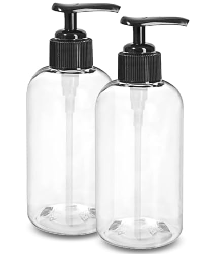 ljdeals 8 oz Clear Plastic Bottles with Pumps, Soap Dispenser, Empty Pump Bottles, Squeezable Refillable Containers for Shampoo, Lotion, Cream and More… Pack of 2, BPA Free, Made in USA2