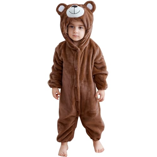 BETTERFUN Unisex Baby Bear Hooded Romper Jumpsuit Toddler Infant Plush Halloween Outfits 18-24 Months Brown