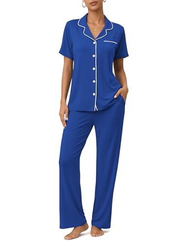 Image of ZMJ Womens Pajamas Sets 2 Piece Button Up Pj Sets Short Sleeve with Long Pant