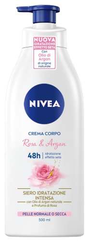 NIVEA Crema corporal rosa y argán Pump de 500 ml, crema corporal suavizante para pieles normales y secas, crema corporal hidratante con aceite de argán y perfume de rosa