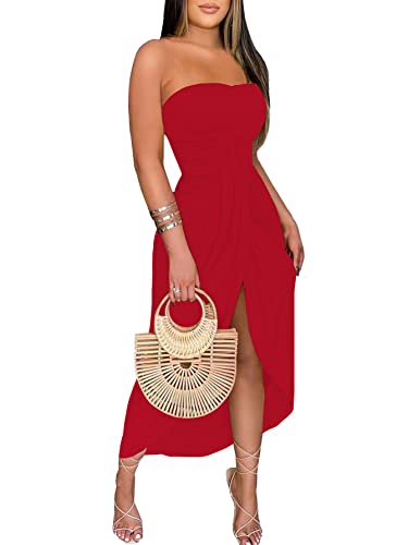 Vestido largo de playa asimétrico sin tirantes rojo para mujer con cintura elástica alta