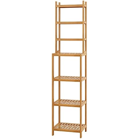 SOMY 7-Tier Bamboo Bathroom Shelf, Free Standing Storage Organizer Rack, Multifunctional Wood Corner Shelf Standing Rack Units for Living Room, Bathroom, Kitchen, Natural, 14L*11W*63H in Cover