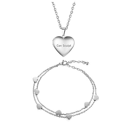 Cupimatch Pulsera Collar Juego Mujer: 2 Piezas Conjunto de Collar y Brazalete de Plata Corazón Colgante Acero Inoxidable - Regalos de Cumpleaños Joyas Navidad San Valentín Día de la Madre
