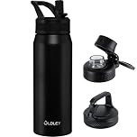 OLDLEY 750ml Insulated Water Bottle with Straw, Stainless Steel Water Bottles with 3 Lids & Handle, BPA Free Leakproof Thermal Metal Drink Flask Keep Hot and Cold for Sports, Gym, Hiking (Black)