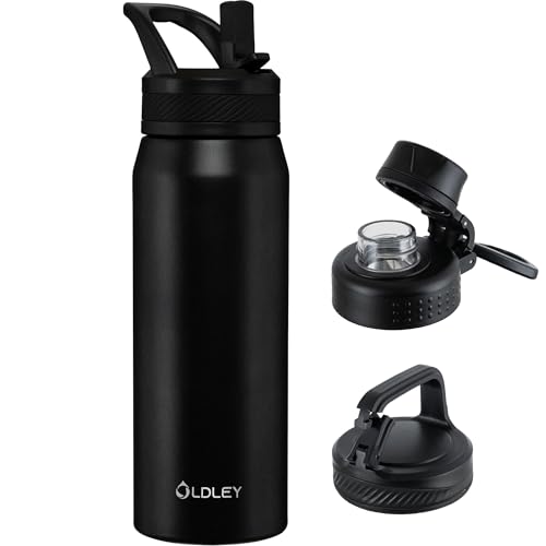 OLDLEY 750ml Insulated Water Bottle with Straw - Premium Stainless Steel Flask with 3 Lids & Handle, BPA Free, Leakproof Thermal Drink Container for Sports, Gym, Hiking (Black)