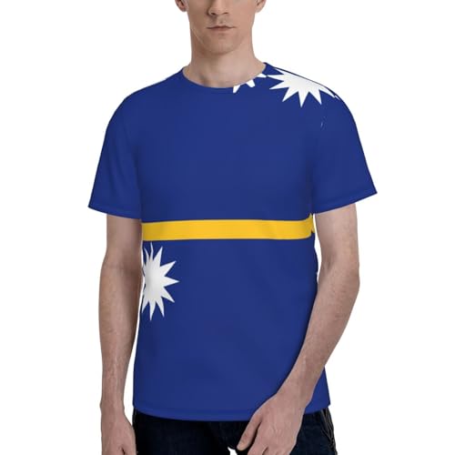 Drapeau de Nauru T-shirt moderne pour homme confortable col rond manches courtes vêtements de voyage doux, Noir , L