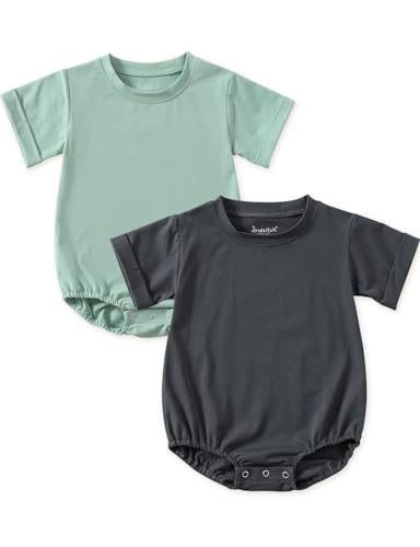 Image of Jimonda Baby Bubble Rompers Boy Girl Solid Color T-Shirt Outfits Short Sleeve Button Bodysuit Cotton Tops Clothes 2Pcs