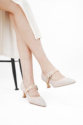 Image of Women's Mesh Closed Pointed Toe Heels Rhinestone Ankle Strap Buckle Kitten Heeled Mary Jane Pumps Dressy Prom Wedding Sandals Shoes 2 inch