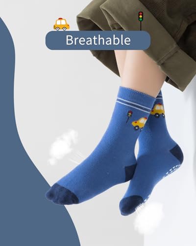 Kyopp 5 Paar Stoppersocken Kinder Baumwolle Socken Jungen Mädchen ABS Anti Rutsch Socken Tiermotive 25-37EU（Colourblocking-Auto M）