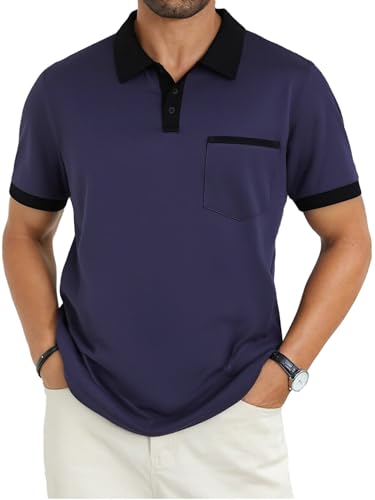 Image of Men's Casual Polo Shirts Summer Short Sleeve Contrast Collar Buttoned Tee Polo Shirt with Pocket